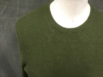 Womens, Pullover, N/L, Dk Olive Grn, Wool, Solid, XS, Thin Sweater, Long Sleeves, Ribbed Knit Crew Neck