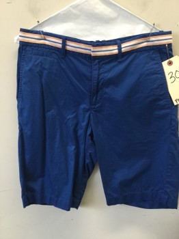 Mens, Shorts, PENGUIN, Navy Blue, White, Peach Orange, Cotton, Solid, W 30, Flat Front, 5 Pockets, Navy with Peach & White Striped Trim on Waistband
