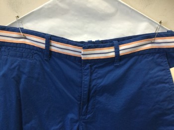 Mens, Shorts, PENGUIN, Navy Blue, White, Peach Orange, Cotton, Solid, W 30, Flat Front, 5 Pockets, Navy with Peach & White Striped Trim on Waistband