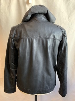 Mens, Leather Jacket, J. FERRAR, Black, Gray, Polyurethane, Faux Leather, Solid, M, 40R, Zip Front, Band Collar with Snap Closure, 4 Zip Pockets, Yoke, Long Sleeves, Heather Gray Zip Out Faux Hoodie