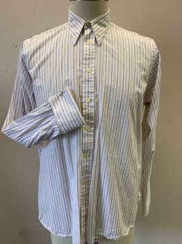 Mens, Dress Shirt, DARCY, White, Tan Brown, Navy Blue, Rust Orange, Brown, Cotton, Stripes - Vertical , 16/34, Long Sleeves, Collar Attached, French Cuffs, Button Front, Long Collar Points, Late 1920s