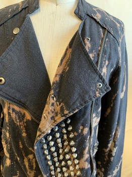 Womens, Casual Jacket, UNO CORE, Faded Black, Copper Metallic, Cotton, Bleach Splatter , XS, Asymmetrical Zip Front, Band Collar, Studded Panel Front, 2 Zip Pockets, 1 Flap Faux Pocket, Long Sleeves, Attached Waist Snap Tabs