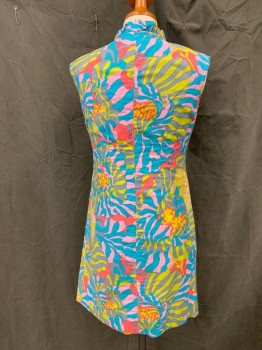 PECK & PECK, Sky Blue, Lt Pink, Green, Gray, Hot Pink, Cotton, Abstract , Sleeveless, V-neck, Zip Front, Ruffle Collar/Front Trim,