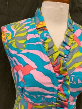 PECK & PECK, Sky Blue, Lt Pink, Green, Gray, Hot Pink, Cotton, Abstract , Sleeveless, V-neck, Zip Front, Ruffle Collar/Front Trim,