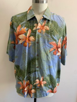Mens, Hawaiian Shirt, TOMMY BAHAMA, Cornflower Blue, Avocado Green, Coral Orange, Linen, Tropical , Hawaiian Print, XXL, Tropical Flowers and Leaves, Short Sleeve Button Front, Collar Attached, 1 Patch Pocket