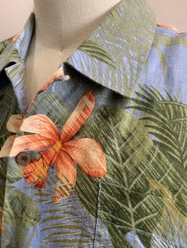 Mens, Hawaiian Shirt, TOMMY BAHAMA, Cornflower Blue, Avocado Green, Coral Orange, Linen, Tropical , Hawaiian Print, XXL, Tropical Flowers and Leaves, Short Sleeve Button Front, Collar Attached, 1 Patch Pocket