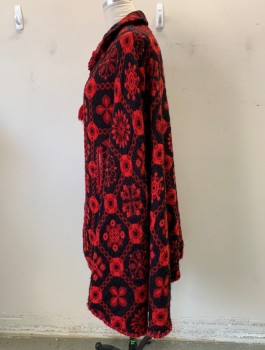 Womens, Cape/Poncho, N/L, Red, Black, Acrylic, Geometric, O/S, Collar, Tie Neck with Trim and Tassle, Bound Hand Openings, Alteration at Shoulders