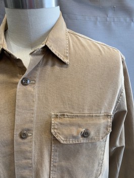 WALLACE & BARNES, Khaki Brown, Cotton, Elastane, Solid, Button Front, Collar Attached, 2 Flap Patch Pockets, Button Cuff