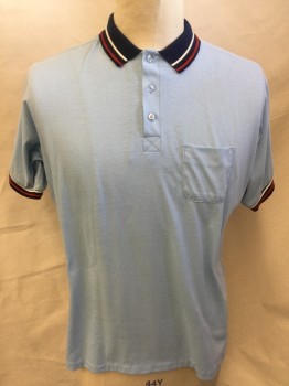 KING LOUIE, Baby Blue, Navy Blue, White, Red, Cotton, Solid, Stripes - Horizontal , (TRIPLETS)  EMPIRE SHIRTS, Polo Shirts, Baby Blue, Navy with White & Red Stripes Collar Attached And Short Sleeves Cuffs, 3 Button Front, 1 Pocket