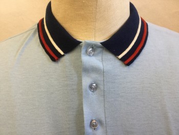 KING LOUIE, Baby Blue, Navy Blue, White, Red, Cotton, Solid, Stripes - Horizontal , (TRIPLETS)  EMPIRE SHIRTS, Polo Shirts, Baby Blue, Navy with White & Red Stripes Collar Attached And Short Sleeves Cuffs, 3 Button Front, 1 Pocket