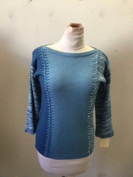 TRISSI, Teal Blue, Sea Foam Green, Acrylic, Color Blocking, Heathered, Boat Neck, Pullover, Long Sleeves, Whip Stitch Detail, Late 1990's