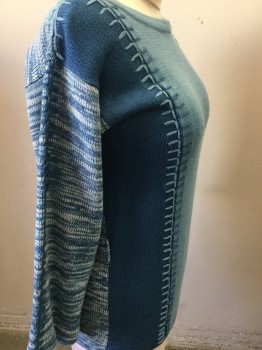 TRISSI, Teal Blue, Sea Foam Green, Acrylic, Color Blocking, Heathered, Boat Neck, Pullover, Long Sleeves, Whip Stitch Detail, Late 1990's