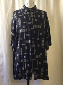 CAMPIA, Black, Gray, Brown, Rayon, Novelty Pattern, Button Front, Collar Attached, Short Sleeves, 1 Pocket,