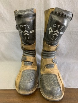 Mens, Sci-Fi/Fantasy Boots , N/L MTO, Brown, Black, Orange, Leather, Rubber, Color Blocking, 11, Tactical Futuristic Boots, Panels of Aged Leather, Silver Buckles at Sides, Text Stamped on Front "PTZ 27",  Just Below Knee Length, Made To Order, Multiples