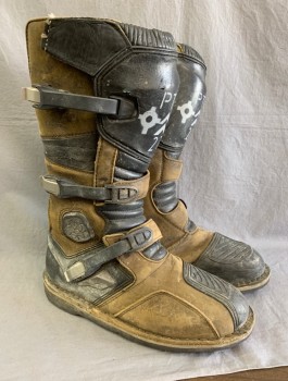 N/L MTO, Brown, Black, Orange, Leather, Rubber, Color Blocking, Tactical Futuristic Boots, Panels of Aged Leather, Silver Buckles at Sides, Text Stamped on Front "PTZ 27",  Just Below Knee Length, Made To Order, Multiples