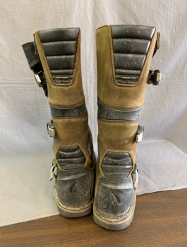 N/L MTO, Brown, Black, Orange, Leather, Rubber, Color Blocking, Tactical Futuristic Boots, Panels of Aged Leather, Silver Buckles at Sides, Text Stamped on Front "PTZ 27",  Just Below Knee Length, Made To Order, Multiples