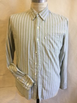 LEVI'S, Sage Green, White, Slate Gray, Cotton, Stripes - Vertical , Oxford Weave, Long Sleeve Button Front, Collar Attached, Button Down Collar, 1 Pocket