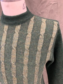 ATKINSON, Forest Green, Olive Green, Wool, Cable Knit, Pullover, Contrasting Olive Cable Knit Stripes, Long Sleeves, Ribbed Knit Waistband/Cuff, Thick Ribbed Knit Mock Neck