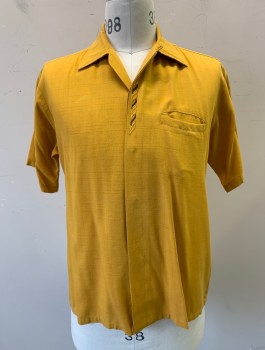 DA VINCI, Mustard Yellow, Cotton, Solid, Short Sleeves, Button Front, Collar Attached, Brown and Mustard Embroidered Swirl Accent at Front Placket, 1 Welt Pocket,
