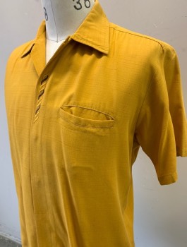 DA VINCI, Mustard Yellow, Cotton, Solid, Short Sleeves, Button Front, Collar Attached, Brown and Mustard Embroidered Swirl Accent at Front Placket, 1 Welt Pocket,