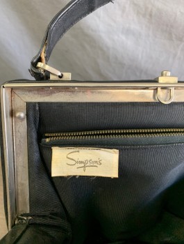 SIMPSON'S, Black, Leather, Silver Push Button Clasp, Gathered at Top Opening, Self Strap, Small Tab at Front Opening, Lining is Black Faille,