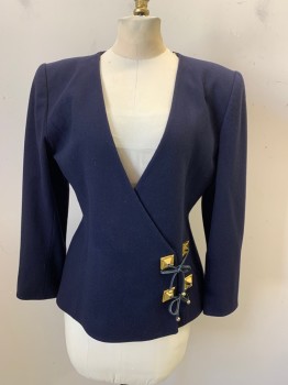 MONTANA HENRI BENDEL, Navy Blue, Wool, Solid, Surplice V-neck, Gold Square Hardware With Self Ties At Side, No Lapel, Shoulder Pads, Cube Sleeve Buttons