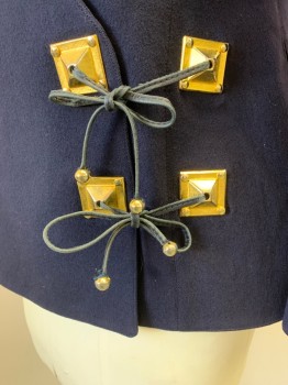 MONTANA HENRI BENDEL, Navy Blue, Wool, Solid, Surplice V-neck, Gold Square Hardware With Self Ties At Side, No Lapel, Shoulder Pads, Cube Sleeve Buttons