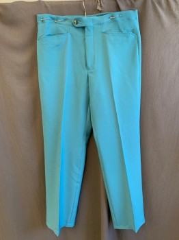 SANSABELT, Steel Blue, Polyester, Solid, Zip Front, Extended Waistband with Button, 4 Pockets, Flat Front