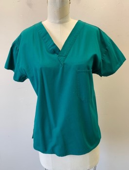 N/L, Emerald Green, Poly/Cotton, Solid, Short Sleeves, V-neck, 1 Patch Pocket at Chest