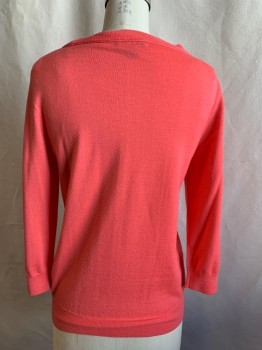 Womens, Pullover, J. CREW, Coral Pink, Wool, Solid, M, Ribbed Knit Scoop Neck, 3/4 Sleeve, Ribbed Knit Cuff/Waistband