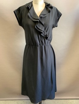 DOVANI, Black, Polyester, Solid, Crepe, Cap Sleeves, Surplice V-Neck with Self Ruffles, Elastic Waist, Faux Wrap Style Front, Knee Length, Disco