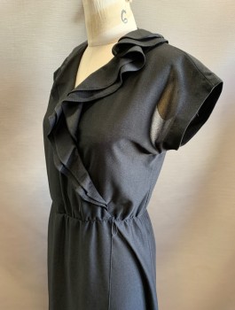 DOVANI, Black, Polyester, Solid, Crepe, Cap Sleeves, Surplice V-Neck with Self Ruffles, Elastic Waist, Faux Wrap Style Front, Knee Length, Disco