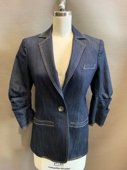 Womens, Suit, Jacket, 5 A 7 CINQ A SEPT, Indigo Blue, Cotton, Polyester, Solid, B 32, 00, W 24, Denim, Single Breasted, 1 Button, Top Stitch, 3 Pockets, Pleated Elbow 3/4 Sleeves,