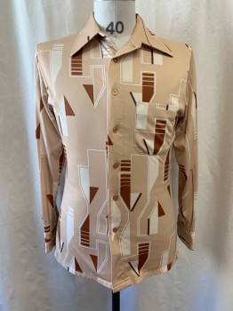 Mens, Shirt Disco, CHARTER CLUB , Beige, Brown, Off White, Polyester, Geometric, Abstract , M, Collar Attached, Button Front, Long Sleeves, Has Some Snags on Sleeves