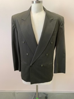 ADOLFO, Dk Olive Grn, Black, Wool, Stripes - Pin, Peaked Lapel, Double Breasted, Button Front, 3 Pockets