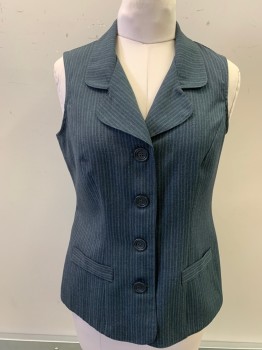 Womens, Vest, LISA JO, Gray, White, Polyester, Rayon, Stripes - Pin, 11/12, Rounded Notched Lapel, 4 Buttons, 2 Faux (Non Functional) Welt Pockets, Fitted, Princess Seams