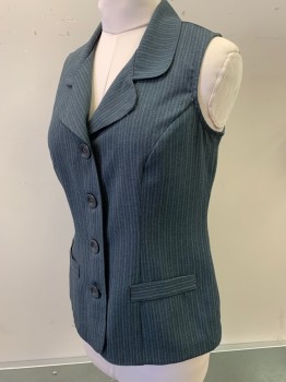 LISA JO, Gray, White, Polyester, Rayon, Stripes - Pin, Rounded Notched Lapel, 4 Buttons, 2 Faux (Non Functional) Welt Pockets, Fitted, Princess Seams