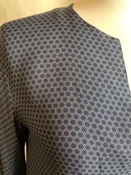 Womens, Blouse, VINCE CAMUTO, Navy Blue, Gray, Silk, Grid , 0, Dotted Grid Withe Circle Centers, V-neck, Long Sleeves