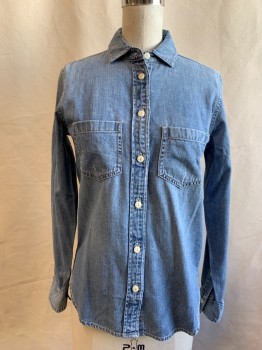 Womens, Blouse, J. CREW, Denim Blue, Cotton, Solid, 0P, Button Front, Collar Attached, 2 Patch Pockets, Long Sleeves, Button Cuff
