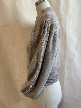 Womens, Sweater, STEPHANIE, Beige, Polyester, Heathered, W27, B34, 6, Pull On,, L/S, Split Stand Collar, Gather Shoulder, Openwork Sleeve Panel with Button Loop Detail at Elbow, Rib Knit, Cuffs and Collar