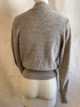 Womens, Sweater, STEPHANIE, Beige, Polyester, Heathered, W27, B34, 6, Pull On,, L/S, Split Stand Collar, Gather Shoulder, Openwork Sleeve Panel with Button Loop Detail at Elbow, Rib Knit, Cuffs and Collar