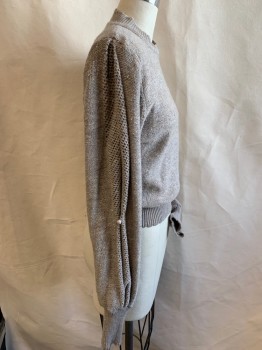 STEPHANIE, Beige, Polyester, Heathered, Pull On,, L/S, Split Stand Collar, Gather Shoulder, Openwork Sleeve Panel with Button Loop Detail at Elbow, Rib Knit, Cuffs and Collar