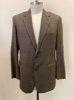 Mens, Sportcoat/Blazer, BROOKS BROTHERS, Brown, Sienna Brown, Black, Olive Green, Wool, Glen Plaid, 44XL, Notched Lapel, Single Breasted, Button Front, 2 Buttons, 3 Pockets