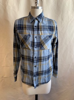 Mens, Casual Shirt, JUNK FOOD, Lt Blue, Navy Blue, Goldenrod Yellow, Cotton, Plaid, S, Collar Attached, Button Front, 2 Chest Pocket, Long Sleeves