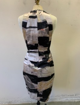 Womens, Dress, Sleeveless, H&M CONSCIOUS, Taupe, Black, Putty/Khaki Gray, Caramel Brown, Rayon, Abstract , Sz.4, Satin-y Material That Has Pilled, Round Neck, Low Armholes, Wrapped Sculptural Detail at Hips, Knee Length, Invisible Zipper in Back