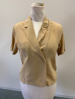 Womens, Blouse, ELLEN TRACY, Tan Brown, Silk, Solid, B:40, S/S, Button Front, Wrap Closure, Notched Lapel, Bust Pocket