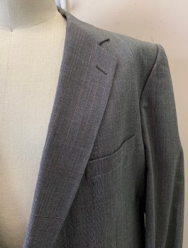 HALSTON, Gray, Multi-color, Wool, Plaid, Single Breasted, 2 Buttons, Notched Lapel, 3 Pockets, 1 Back Vent, Gray, Black, Red, and Light Blue Plaid
