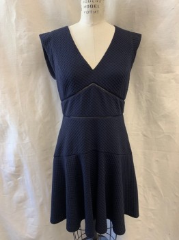 REBECCA TAYLOR, Navy Blue, Polyester, Spandex, Honeycomb Textured Self Pattern, V-neck, Cap Sleeves, Ladder Cut Out Horizontal Stripe Details at Waist,, Seamed Panel on Lower Skirt, Zip Back