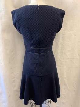 REBECCA TAYLOR, Navy Blue, Polyester, Spandex, Honeycomb Textured Self Pattern, V-neck, Cap Sleeves, Ladder Cut Out Horizontal Stripe Details at Waist,, Seamed Panel on Lower Skirt, Zip Back