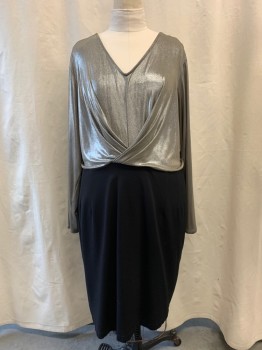6TH & LANE , Silver, Black, Polyester, Rayon, Color Blocking, Silver Bodice, V-neck, Pleated From Bust to Waist in "V" Shape, Long Sleeves, Black Solid Skirt, Hem at Knee, Zip Back